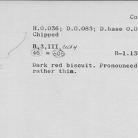 Index card with typed and handwritten information, sometimes including a sketch, of pottery from an excavation.
