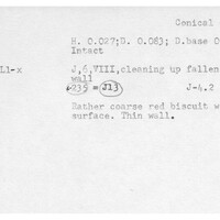 Index card with typed and handwritten information, sometimes including a sketch, of pottery from an excavation.