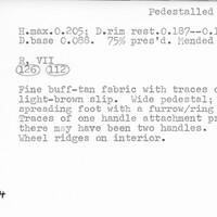 Index card with typed and handwritten information, sometimes including a sketch, of pottery from an excavation.
