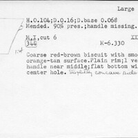Index card with typed and handwritten information, sometimes including a sketch, of pottery from an excavation.