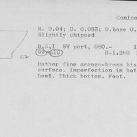 Index card with typed and handwritten information, sometimes including a sketch, of pottery from an excavation.