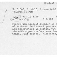 Index card with typed and handwritten information, sometimes including a sketch, of pottery from an excavation.
