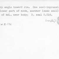 Index card with typed and handwritten information, sometimes including a sketch, of pottery from an excavation.