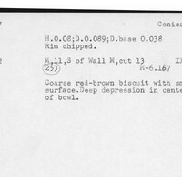 Index card with typed and handwritten information, sometimes including a sketch, of pottery from an excavation.