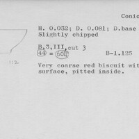 Index card with typed and handwritten information, sometimes including a sketch, of pottery from an excavation.
