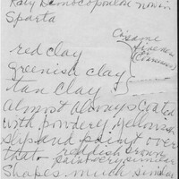 Index card with typed and handwritten information, sometimes including a sketch, of pottery from an excavation.