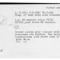 Index card with typed and handwritten information, sometimes including a sketch, of pottery from an excavation.