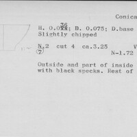 Index card with typed and handwritten information, sometimes including a sketch, of pottery from an excavation.