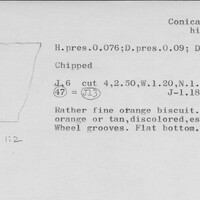 Index card with typed and handwritten information, sometimes including a sketch, of pottery from an excavation.