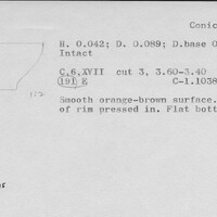 Index card with typed and handwritten information, sometimes including a sketch, of pottery from an excavation.
