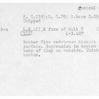 Index card with typed and handwritten information, sometimes including a sketch, of pottery from an excavation.