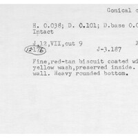 Index card with typed and handwritten information, sometimes including a sketch, of pottery from an excavation.