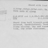 Index card with typed and handwritten information, sometimes including a sketch, of pottery from an excavation.
