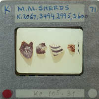 Four pottery sherds showing variety of decorations. K.2067,K.3494, K.3995, K.3600