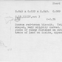 Index card with typed and handwritten information, sometimes including a sketch, of pottery from an excavation.