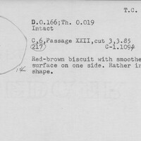 Index card with typed and handwritten information, sometimes including a sketch, of pottery from an excavation.