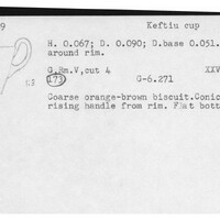 Index card with typed and handwritten information, sometimes including a sketch, of pottery from an excavation.