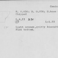 Index card with typed and handwritten information, sometimes including a sketch, of pottery from an excavation.