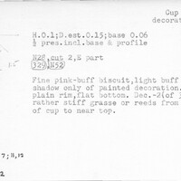 Index card with typed and handwritten information, sometimes including a sketch, of pottery from an excavation.