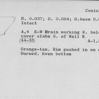 Index card with typed and handwritten information, sometimes including a sketch, of pottery from an excavation.