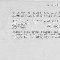 Index card with typed and handwritten information, sometimes including a sketch, of pottery from an excavation.