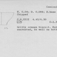 Index card with typed and handwritten information, sometimes including a sketch, of pottery from an excavation.