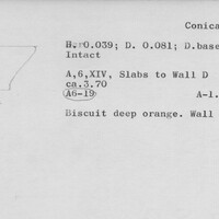 Index card with typed and handwritten information, sometimes including a sketch, of pottery from an excavation.