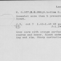 Index card with typed and handwritten information, sometimes including a sketch, of pottery from an excavation.