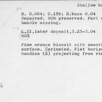 Index card with typed and handwritten information, sometimes including a sketch, of pottery from an excavation.