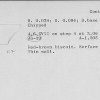 Index card with typed and handwritten information, sometimes including a sketch, of pottery from an excavation.