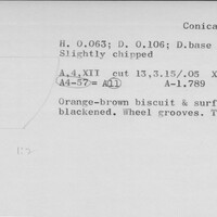 Index card with typed and handwritten information, sometimes including a sketch, of pottery from an excavation.