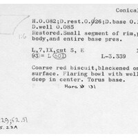 Index card with typed and handwritten information, sometimes including a sketch, of pottery from an excavation.