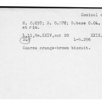 Index card with typed and handwritten information, sometimes including a sketch, of pottery from an excavation.