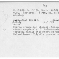 Index card with typed and handwritten information, sometimes including a sketch, of pottery from an excavation.