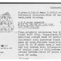 Index card with typed and handwritten information, sometimes including a sketch, of pottery from an excavation.
