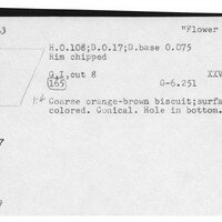 Index card with typed and handwritten information, sometimes including a sketch, of pottery from an excavation.