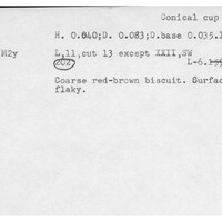 Index card with typed and handwritten information, sometimes including a sketch, of pottery from an excavation.