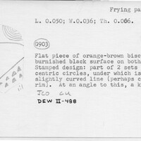 Index card with typed and handwritten information, sometimes including a sketch, of pottery from an excavation.