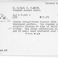 Index card with typed and handwritten information, sometimes including a sketch, of pottery from an excavation.