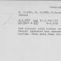 Index card with typed and handwritten information, sometimes including a sketch, of pottery from an excavation.
