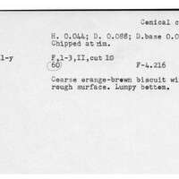 Index card with typed and handwritten information, sometimes including a sketch, of pottery from an excavation.