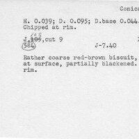 Index card with typed and handwritten information, sometimes including a sketch, of pottery from an excavation.