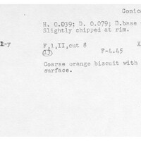 Index card with typed and handwritten information, sometimes including a sketch, of pottery from an excavation.