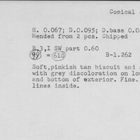 Index card with typed and handwritten information, sometimes including a sketch, of pottery from an excavation.