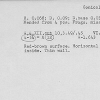 Index card with typed and handwritten information, sometimes including a sketch, of pottery from an excavation.