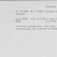 Index card with typed and handwritten information, sometimes including a sketch, of pottery from an excavation.