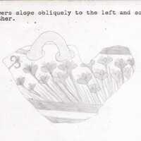 Index card with typed and handwritten information, sometimes including a sketch, of pottery from an excavation.