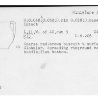 Index card with typed and handwritten information, sometimes including a sketch, of pottery from an excavation.
