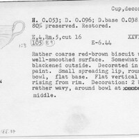 Index card with typed and handwritten information, sometimes including a sketch, of pottery from an excavation.