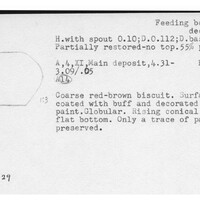 Index card with typed and handwritten information, sometimes including a sketch, of pottery from an excavation.
